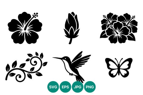Black and White Hibiscus Flower Set Graphics for Crafters