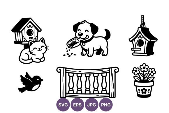 Cat Dog Bird Vector Art Black White