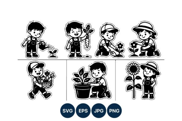 Children Gardening Black White Vector Graphics