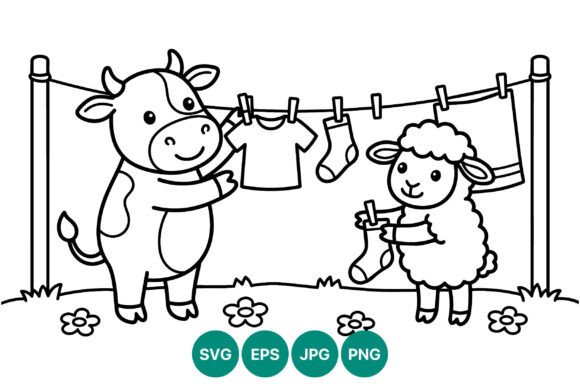 Cow and Sheep Hanging Clothes Vector Graphics