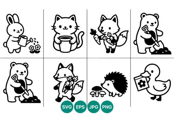 Cute Animal Gardening Line Art Vector Graphics