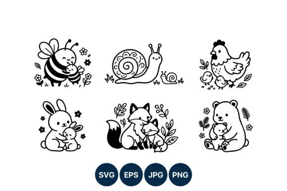 Cute Animal Pairs Black White Vector