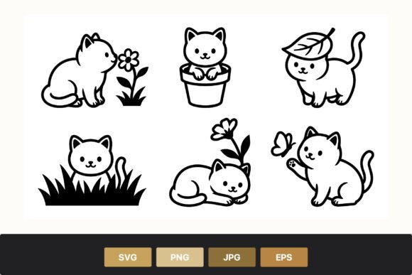 Cute Black and White Cat Line Art Graphics