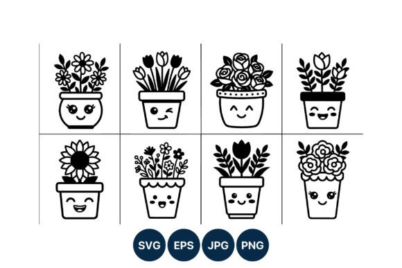 Cute Black and White Kawaii Flower Pots