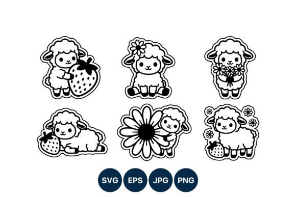 Cute Black White Lambs with Strawberries