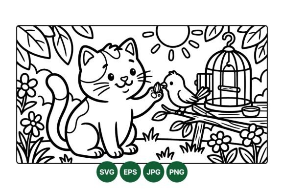Cute Cat and Bird Coloring Graphics