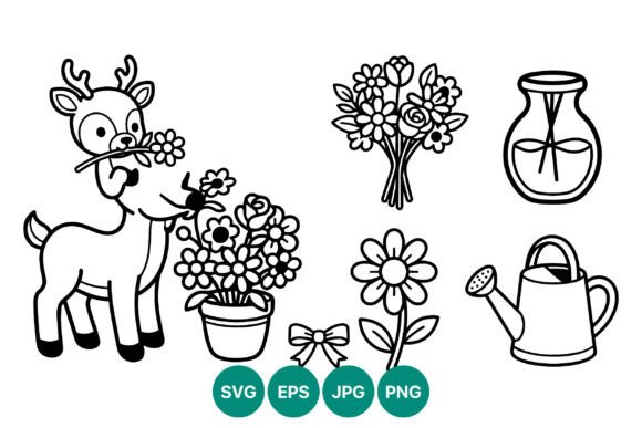 Cute Deer with Flower Line Art