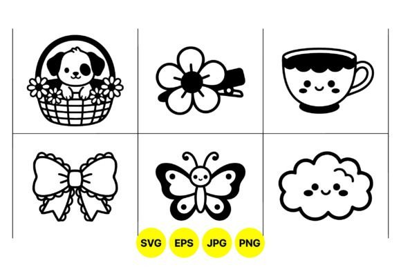 Cute Kawaii Black Line Icons Graphics