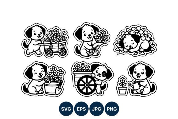 Cute Puppy Flower Garden Vector Art Graphics