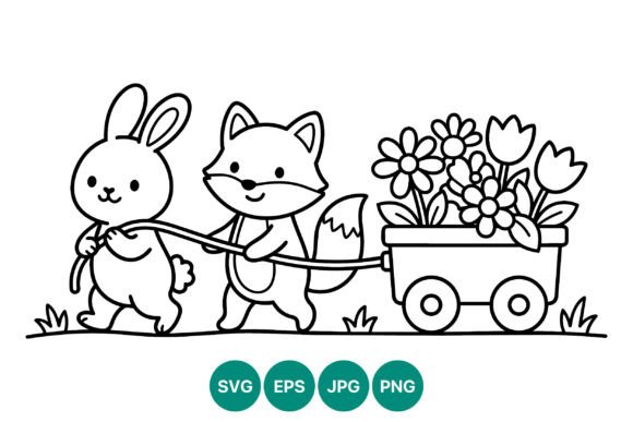 Cute Rabbit Fox Flower Cart Vector Graphics
