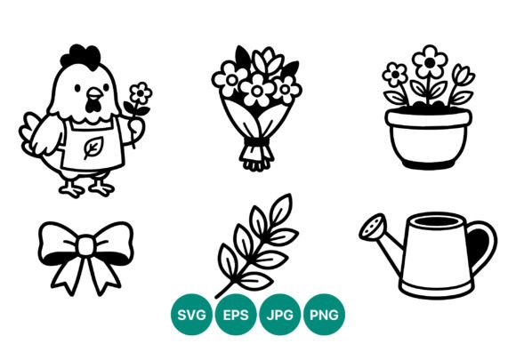 Garden Chicken Flower Bow Vector Line