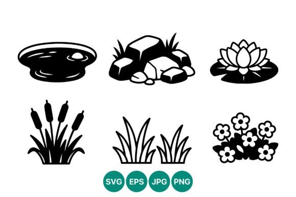Garden Pond Rocks Lotus Cattail Grass Graphics