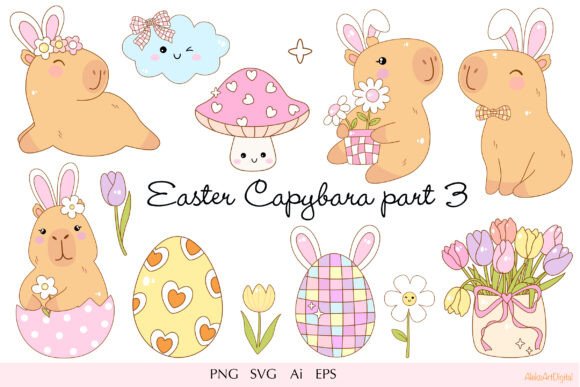 Kawaii Easter Capybara Graphics for Spring Branding