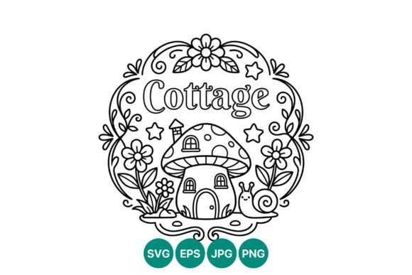 Mushroom Cottage Line Art Vector Graphics