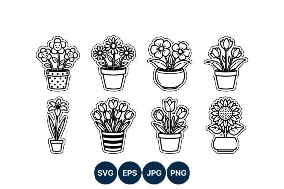 Potted Flower Line Art Icons Graphics
