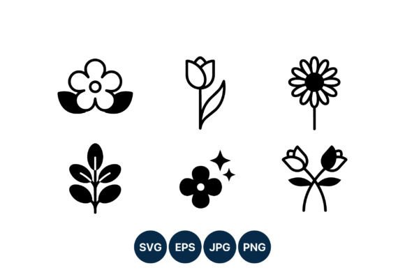 Simple Black and White Flower Icons Set for Digital Creators