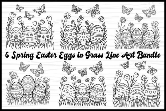 Spring Easter Eggs in Grass Line Art Graphics